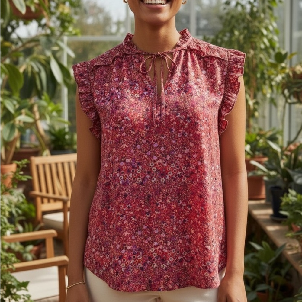 5 for $25!! NWT Adrienne Vittadini Red Floral Ruffled V-Neck/Cap Sleeve Blouse